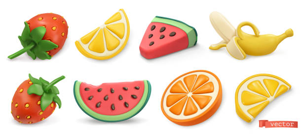 illustrations, cliparts, dessins animés et icônes de icône de fruits d’été réglée avec des ombres. fraises, pastèque, citron, orange, banane 3d objets vectoriels. illustration d’art de plasticine - watermelon fruit healthy eating snack