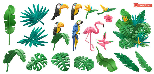 ilustrações, clipart, desenhos animados e ícones de plantas tropicais e flores, pássaros exóticos. tucano, papagaio, flamingo. conjunto de ícones de arte plástica na selva. objetos vetoriais 3d - characters nature digitally generated image leaf