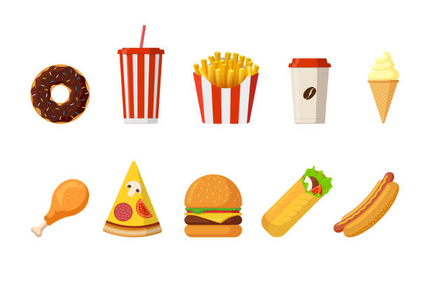 stockillustraties, clipart, cartoons en iconen met snelle sreet voedsellunch of ontbijtmaaltijdvectorreeks. cheeseburger, frietjes, gefrituurde krokante kippenpoot, geglazuurde donut, frisdrank, koffiekopje, ijs, hotdog, pizza en doner kebab - kippenpoot