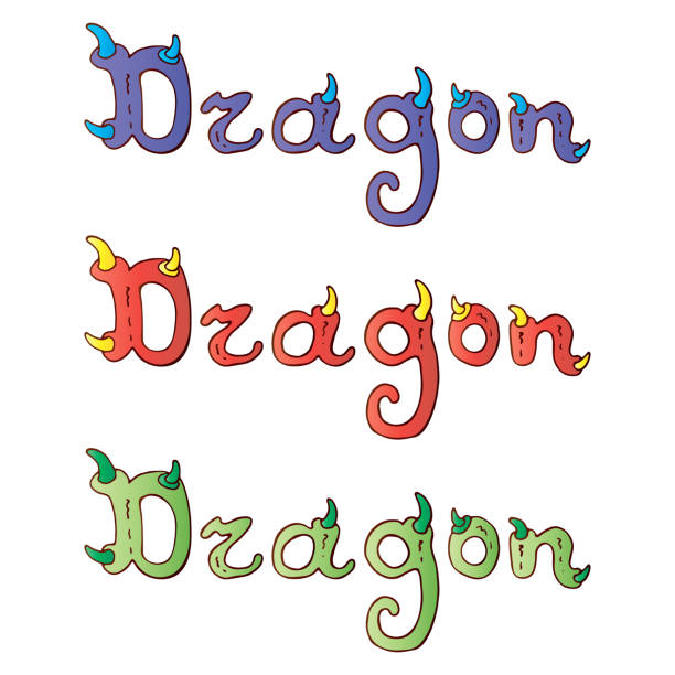 Hand drawn set vector illustrations Dragon inscription. Fanged and horned inscriptions isolated white background. Violet with blue, red with yellow, green with light green. Set Hand drawn illustrations Dragon inscription isolated on white background. fanged stock illustrations