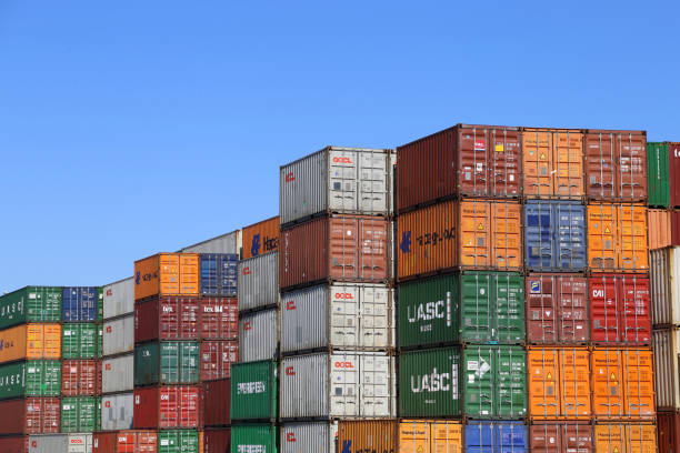 Large stack of ship containers or storage containers in the Rhine port of Mannheim Large stack of ship containers or storage containers in the Rhine port of Mannheim   (Mannheim, Germany, March 23, 2020) mannheim photos stock pictures, royalty-free photos & images