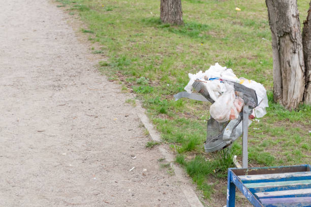 istock Broken crumpled grey iron garbage bin full of plastic, paper, cardboard on green grass background of park 1217962080