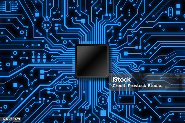 Microelectronics Overlay Overhead View Of Electronic Microcircuit And Microchip With Blank Space ...