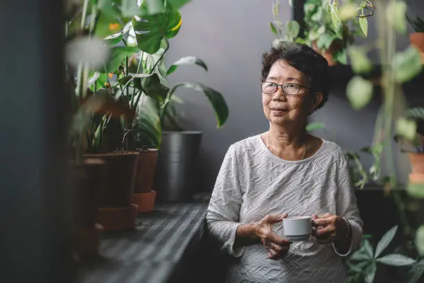 Photo of peaceful senior asian chinese woman having coffee at home chillling