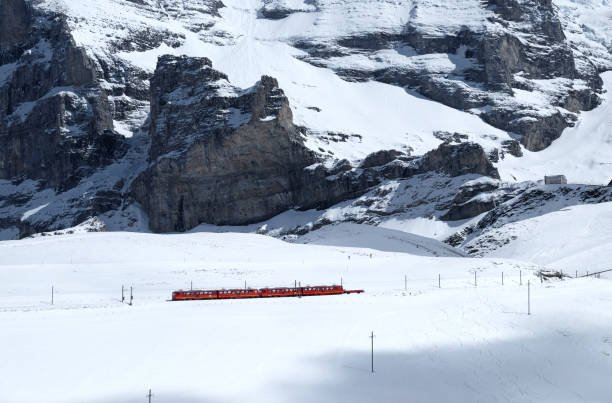 istock Swiss mountain train crossed through the high mountain snow 1217962933