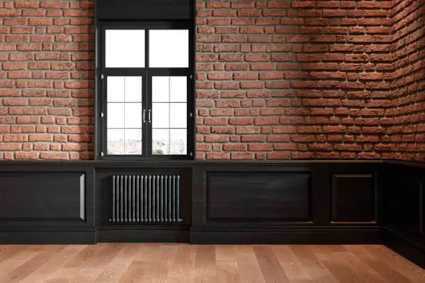 Loft interior with brickwall, wall panel, window, radiator and wooden floor. 3d render illustration mock up.