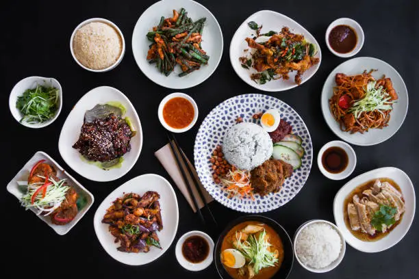 Variety of Malaysian dishes spread on table.