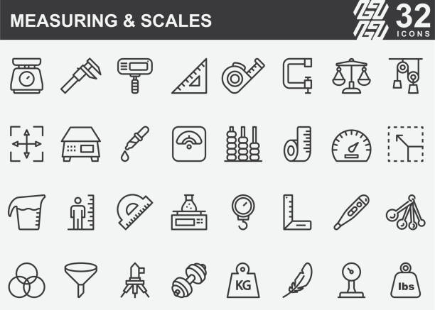 ilustrações de stock, clip art, desenhos animados e ícones de measuring and scales line icons - massa