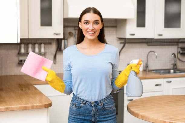 istock Smiling woman standing in kitchen with detegent spray 1217966521