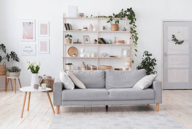 istock Stylish living room interior with modern light couch and home plants 1217966686