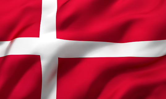 Flag of Denmark blowing in the wind. Full page Danish flying flag. 3D illustration.