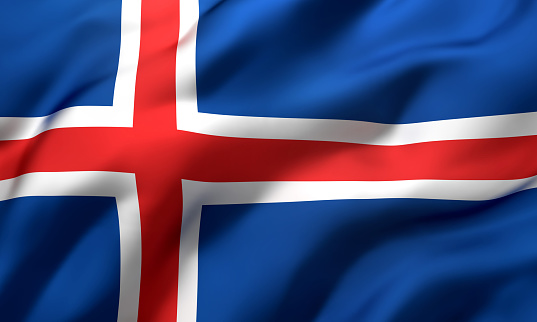 Flag of Iceland blowing in the wind. Full page Icelandic flying flag. 3D illustration.