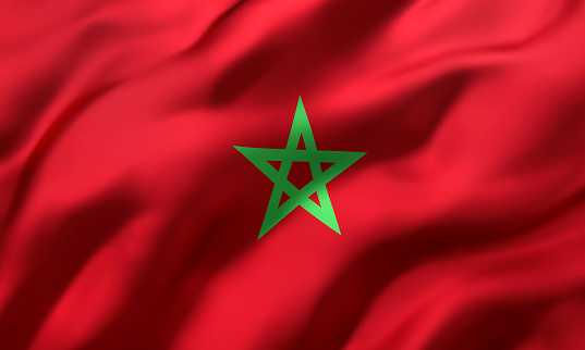 Flag of Morocco blowing in the wind. Full page Moroccan flying flag. 3D illustration.