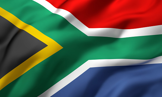 Flag of South Africa blowing in the wind. Full page South African flying flag. 3D illustration.