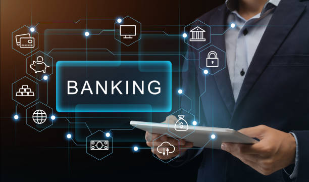 istock Unrecognizable businessman with tablet using internet banking app. Collage with finance icons. Panorama 1217966918