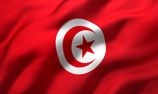 Flag of Tunisia blowing in the wind. Full page Tunisian flying flag. 3D illustration.
