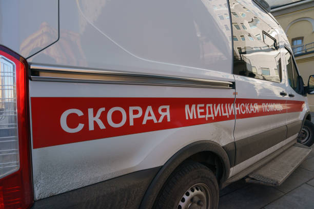 Ambulance car Moscow, Russia - March 25, 2020: Modern ambulance car at the spring city street. Tranlation of inscription - Emergency medical services. Coronavirus Pandemic lifestyle of the big city. russia city spring stock pictures, royalty-free photos & images