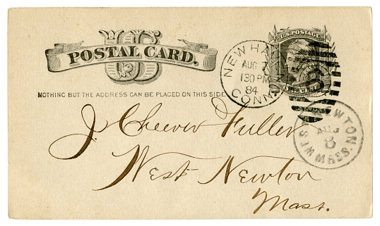 New Haven, Connecticut - West Newton, Massachusetts, The USA - 7-8 August 1884: US historical Post Card with black text in vignette, Imprinted One Cent stamp, Fancy cancel 6