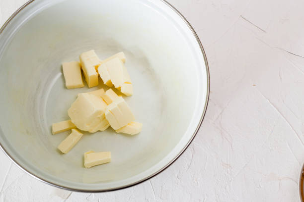 istock chopped butter in the pan to make a cake 1217968422