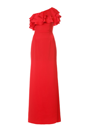 Elegant female maxi red dress isolated on white. Evening dress.