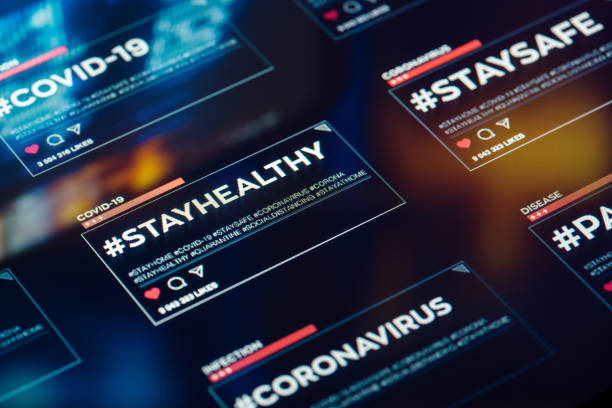 istock #stayhealthy. Stay Healthy hashtag close-up on digital display 1217972695
