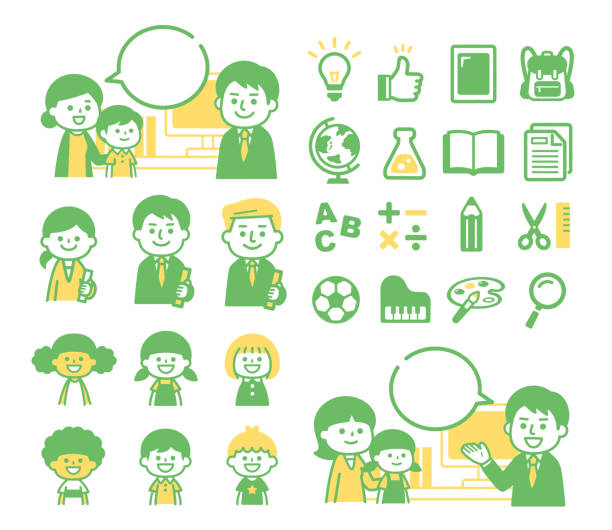 Multinational school illustration Teacher and parent and child conversation, learning related icons learning cartoon stock illustrations