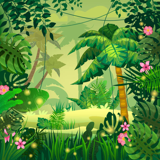 istock Jungle tropical forest palms different exotic plants leaves, flowers, lianas, flora, rainforest landscape background. For design game, apps, banners, prints. Vector illustration isolated 1217973839