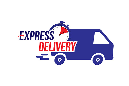 Express delivery icon. Fast shipping with truck timer with inscription on white background. Flat vector illustration EPS10.