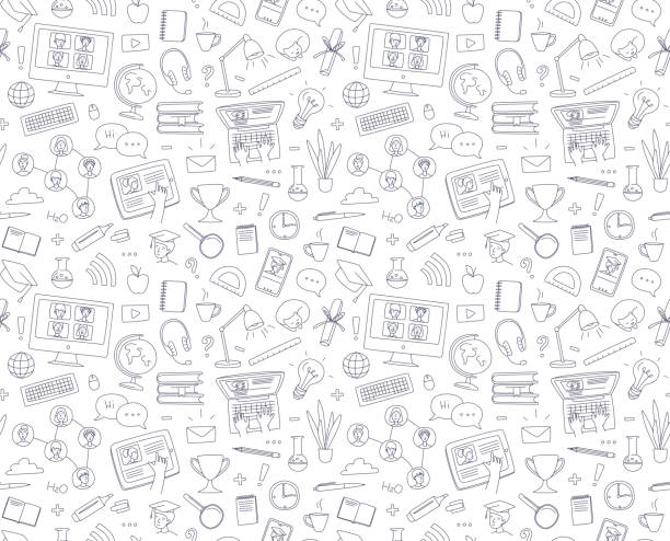 clipart do my homework Learning online, e-learning video call chat with class. Distance education Learning online, e-learning video call chat with class. Laptop, notebook, remote learning- ideal home workplace. Vector illustration doodles, thin line art sketch style concept kid doing homework clip art stock illustrations