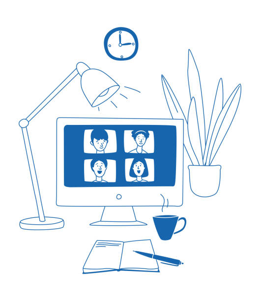 clipart do my homework Learning online, e-learning video call chat with class. Distance education Learning online, e-learning video call chat with class. Monoblock computer monitor, remote learning- ideal home workplace. Vector illustration doodles, thin line art sketch style concept kid doing homework clip art stock illustrations