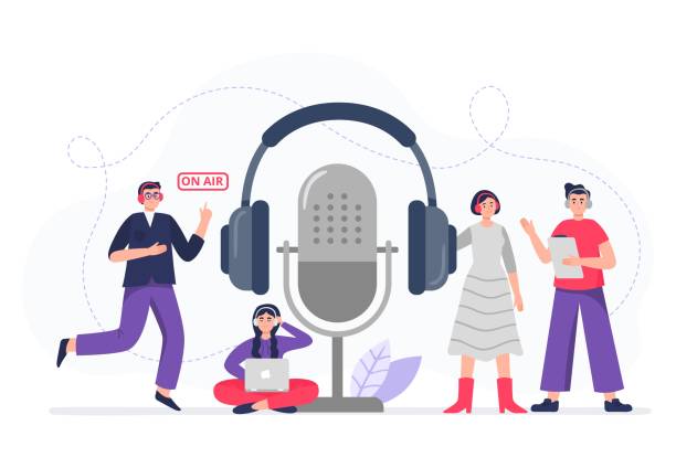 Podcasting. Podcasters with headphones, radio hosts recording podcasts. The cool team gets ready to be on air. Flat vector illustration for banner, cover, ad. podcasting illustrations stock illustrations