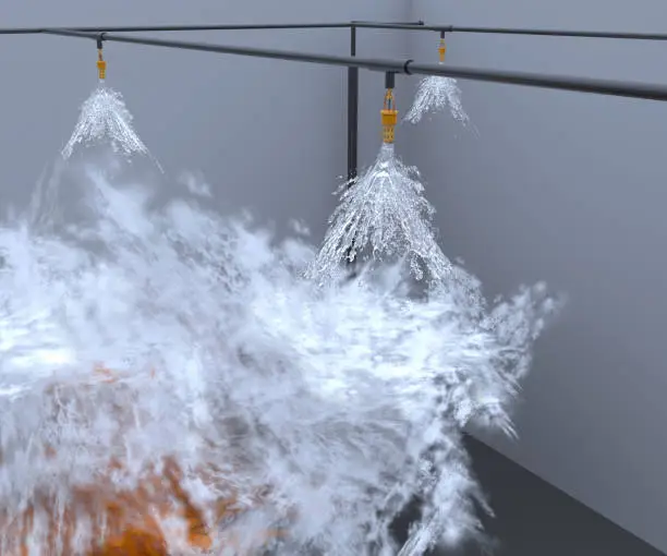 Fire sprinkler system with water, smoke and fire. 3D-rendering.