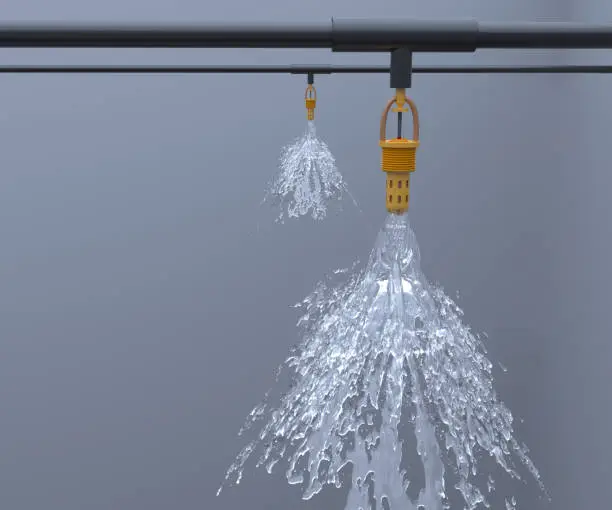Fire sprinkler system with water. 3D-rendering.