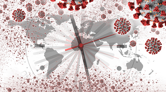 Conceptual health image, Global crisis of Covid-19 virus epidemic over world map. 
Covid-19 virus illustration downloaded from CDC than layered and manipulated. for more information please visit Centers for Disease Control and Prevention web site: https://www.cdc.gov/media/subtopic/images.htm 
NASA world map image layered and used; https://earthobservatory.nasa.gov/features/NightLights/page3.php