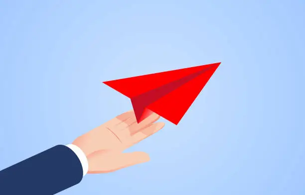 Vector illustration of Isometric paper plane flying out of hands, freedom, leadership, business success concept
