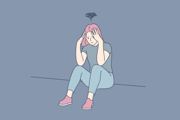 Depression, fatigue, mental stress, frustration concept Depression, fatigue, mental stress, frustration concept. Young depression frustrated woman or girl teenager sitting on floor at home. Fatigue, raising of mental stress because of headache or bad news. fear illustrations stock illustrations