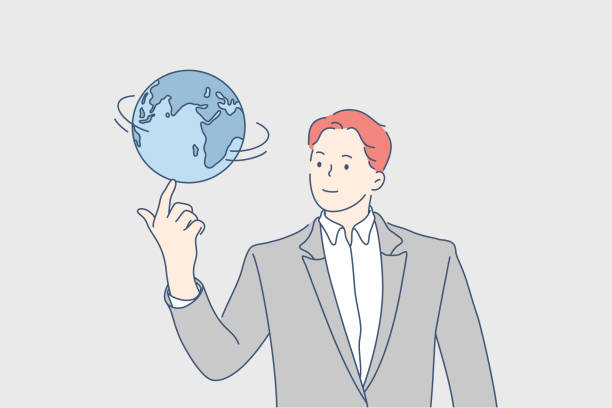 Global business, network, world communication concept Global business, network, world communication concept. Young businessman boy manager cartoon character leader boss spinning planet earth on fingertip. Worldwide network, smart modern doing business finger spinning globe stock illustrations