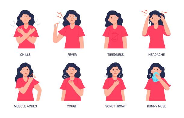 감기와 독감의 증상으로 고통받는 여성의 벡터 그림. - fever stock illustrations