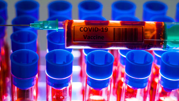istock Test tubes on the rack with the coronavirus syringe 1217980002