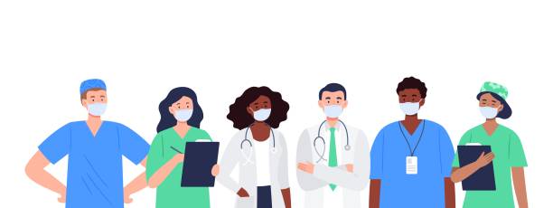 Banner with a multicultural group of medics. The medical team in white face masks. Doctor, nurse, therapist, surgeon, professional hospital workers. Flat design characters. doctor illustrations stock illustrations