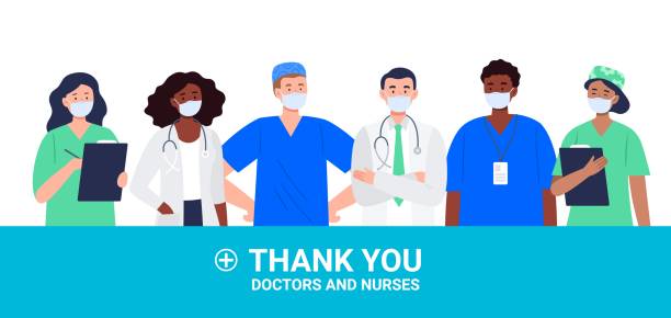 stockillustraties, clipart, cartoons en iconen met dank u artsen en verpleegkundigen concept met verschillende zorgverleners. - man met mondkapje