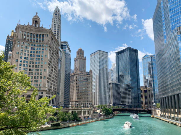 chicago cityscape und chicago river im sommer - ausflugsboot stock-fotos und bilder