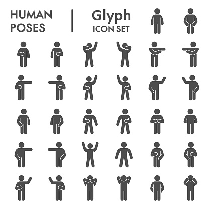 Human poses solid icon set. Figure symbols collection or vector sketches. Basic body language signs for computer web, glyph style pictogram package isolated on white background. Vector graphic
