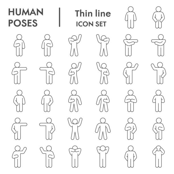 ilustrações de stock, clip art, desenhos animados e ícones de human poses thin line icon set. figure symbols collection or vector sketches. basic body language signs for computer web, outline style pictogram package isolated on white background. vector graphic. - square stance
