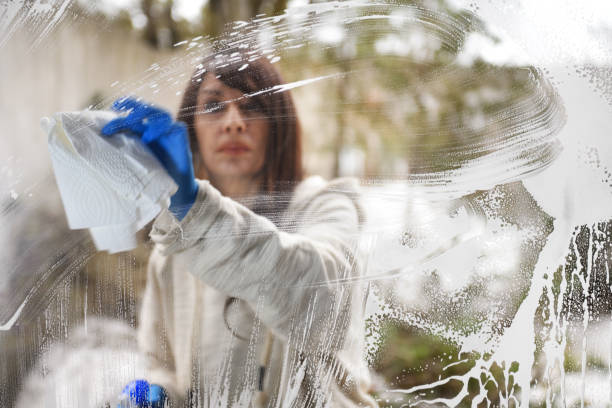 Quarantined woman doing spring cleaning, washing windows, quebec, canada