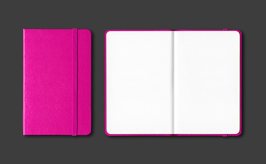 Pink closed and open notebooks mockup isolated on black