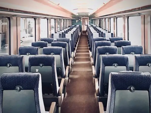 Cologne, Germany, 3 April 2020: Empty railcar of a DB InterCity long distance train during the corona crisis.