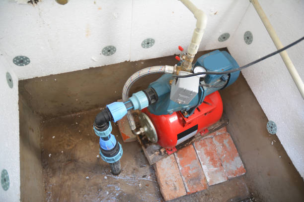 Borehole with water supply system. Water borehole, hydraulic accumulator, filter, water well, water pump for house supply with wall insulation
