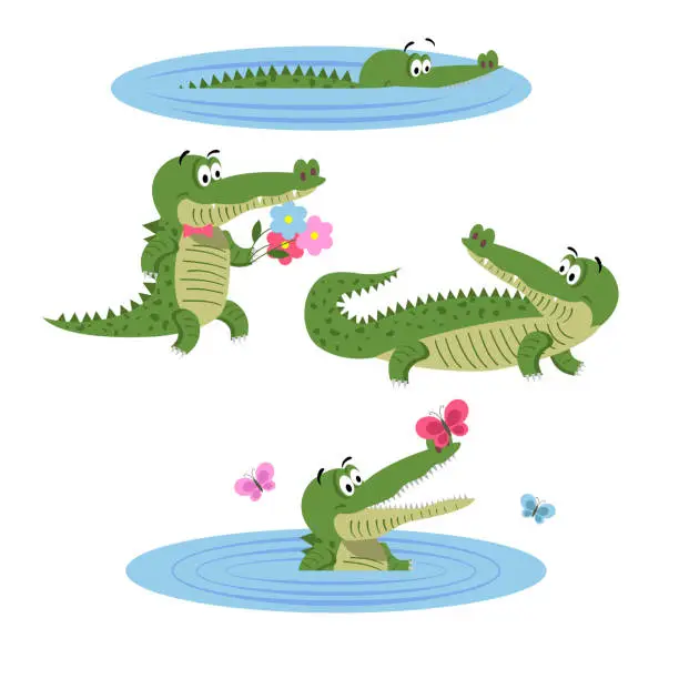Vector illustration of Cartoon Crocodiles on Nature Isolated Illustration