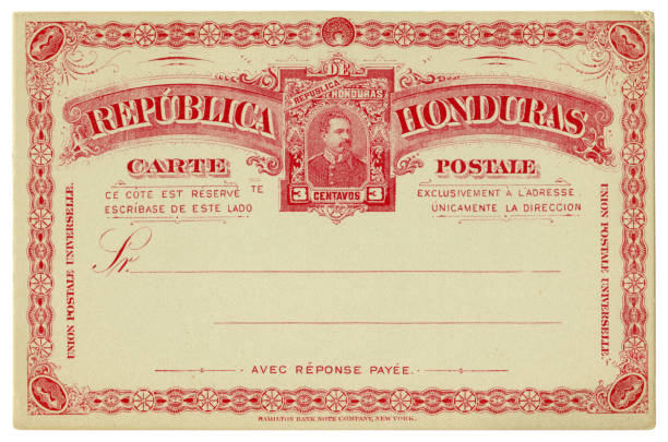 istock Blanked historical postal card with red text in vignette, imprinted three Centavos postage stamp, Republica Honduras, ~1890 1217992440
